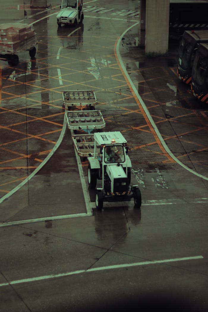 A tractor at the airport towing baggage carts on a wet tarmac with visible rain reflections.